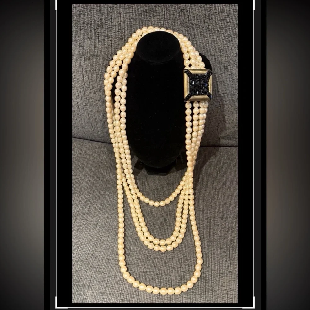 Vintage Four Strands Cream Faux Pearl Necklace W/ Black Beaded Pendant
